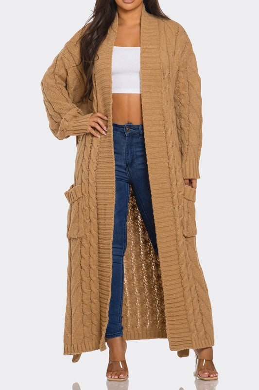 Cable Knit Cardigan w/Belt Sweater (Camel)