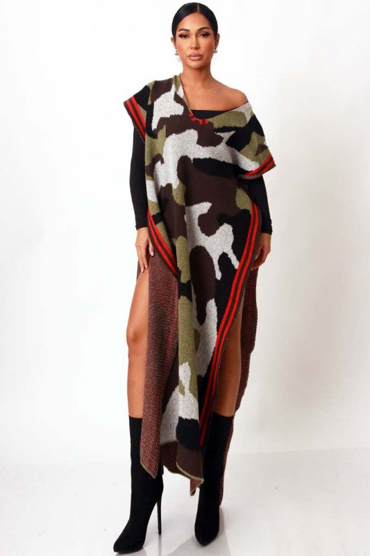 Camo Statement Long Poncho Cardigan