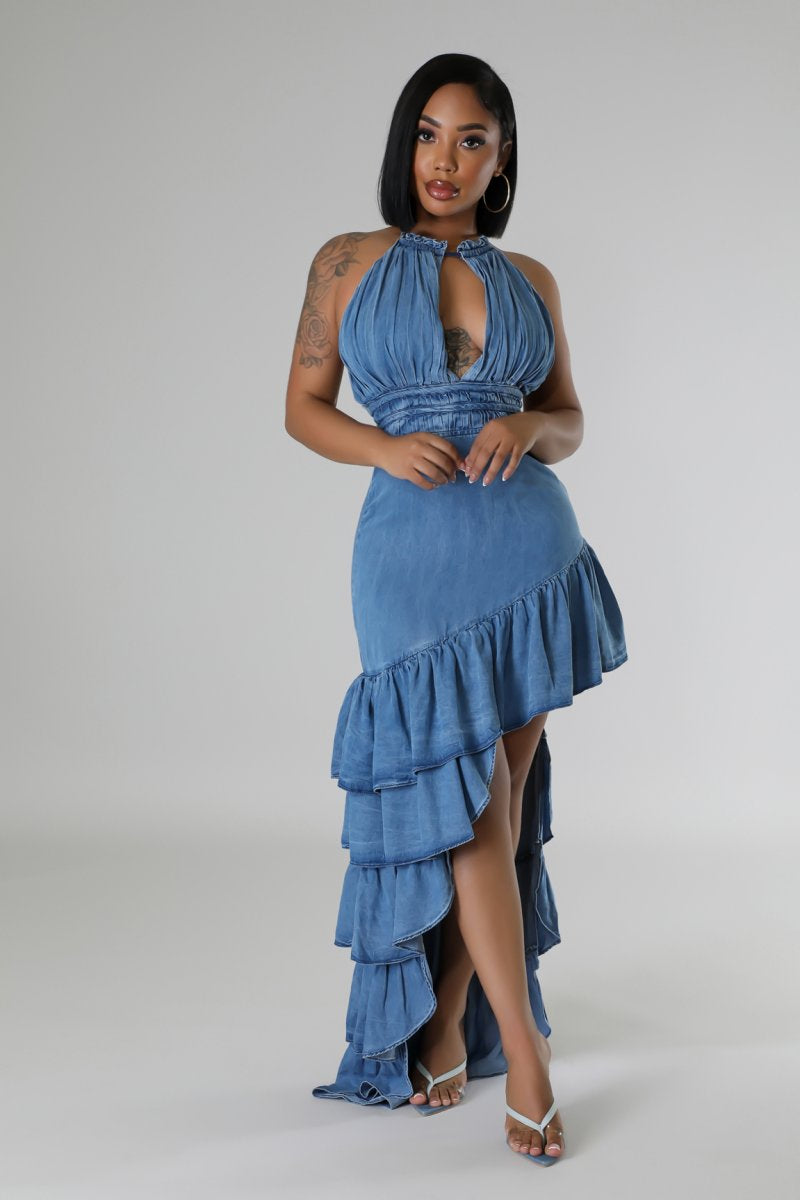 Slanted to the Side Denim Halter Dress