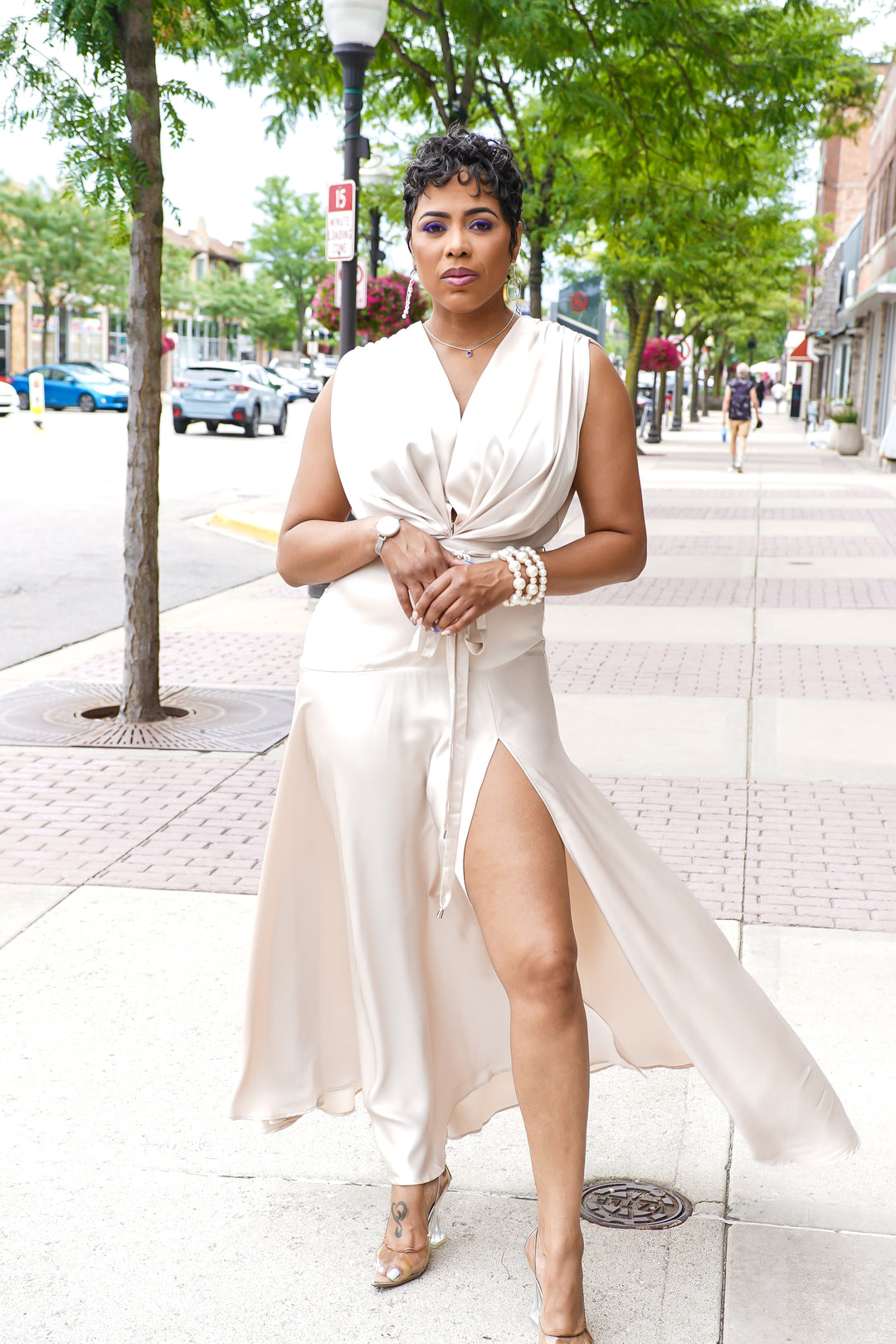 Satin Soft Pleated Split Dress