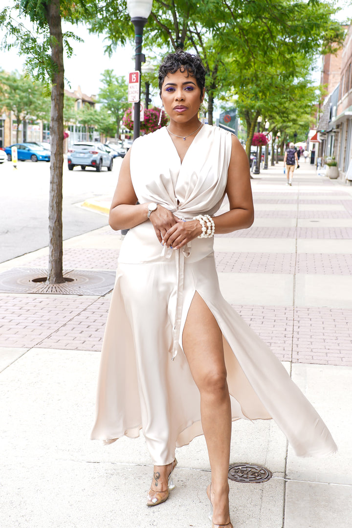 Satin Soft Pleated Split Dress