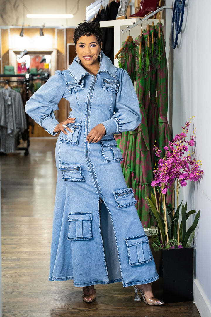 Giving you the Blues Denim Zipper Pocket Dress