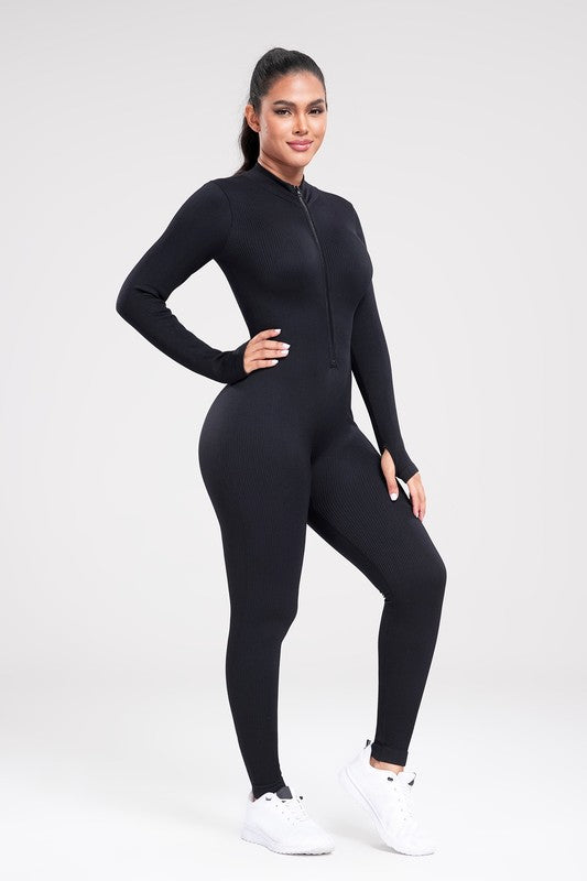 Seamless Zipper Front Ribbed Jumpsuit