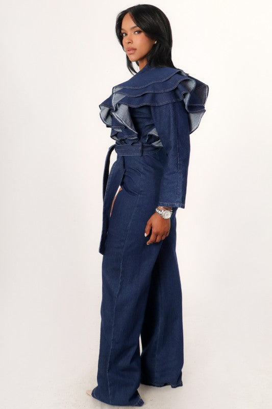 Desi Denim Ruffle Jumpsuit