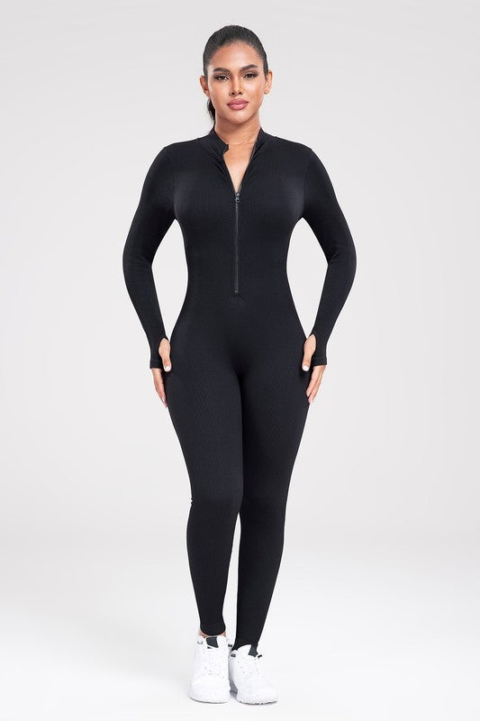 Seamless Zipper Front Ribbed Jumpsuit