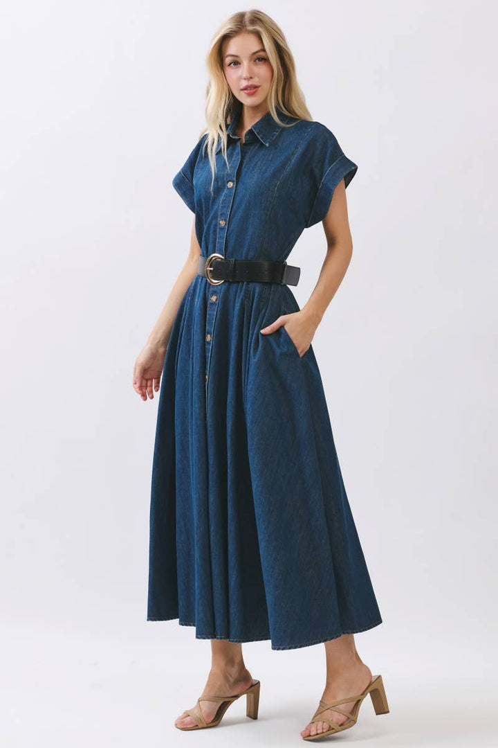 Maison Washed Denim Button Maxi Dress