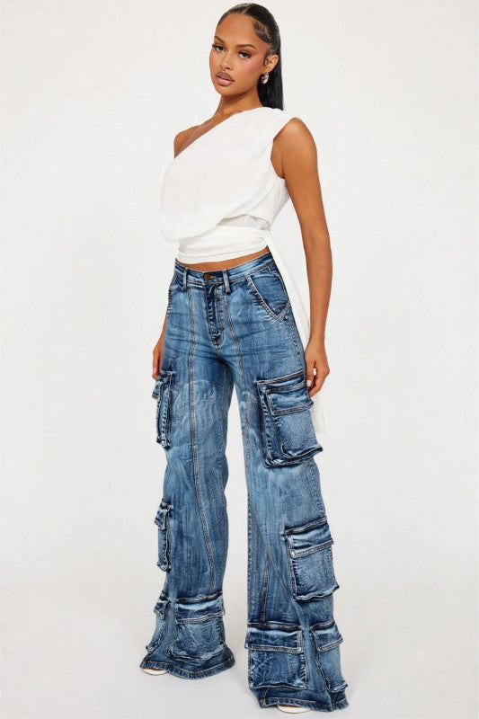 High Rise Brushed Big Pockets Cargo Jeans