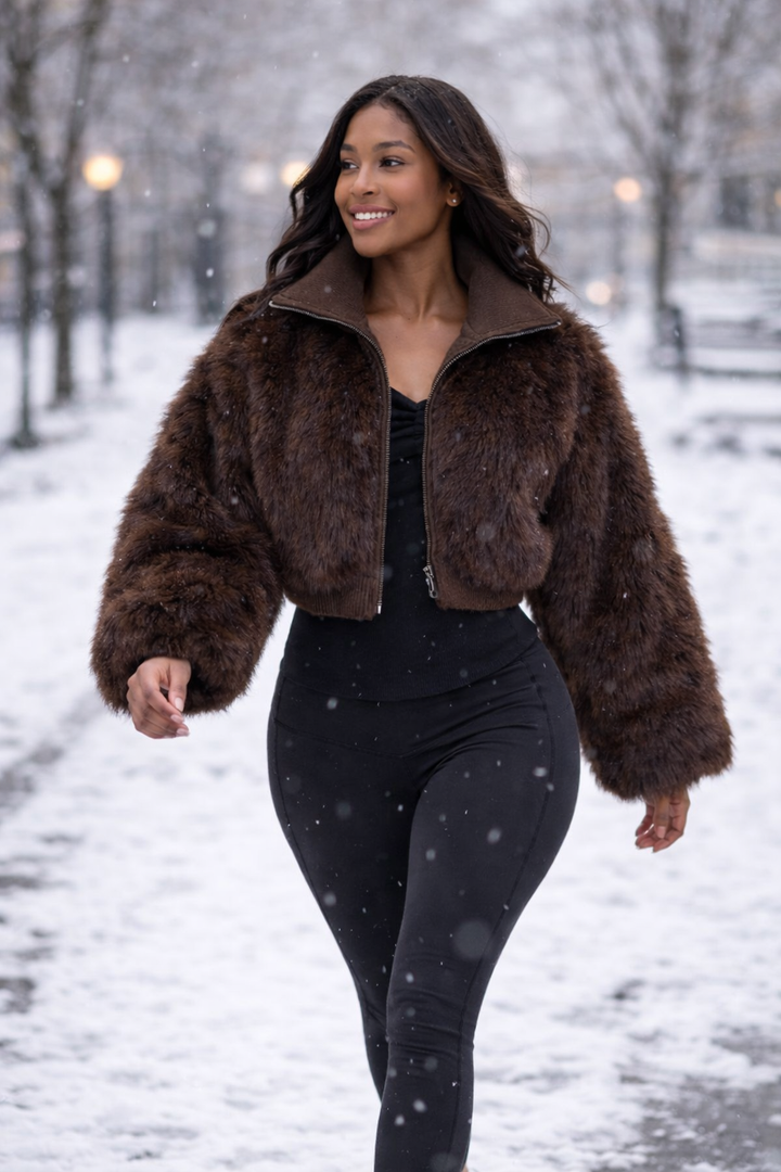 Wide arm Plush Crop Faux Fur Jacket - Brown