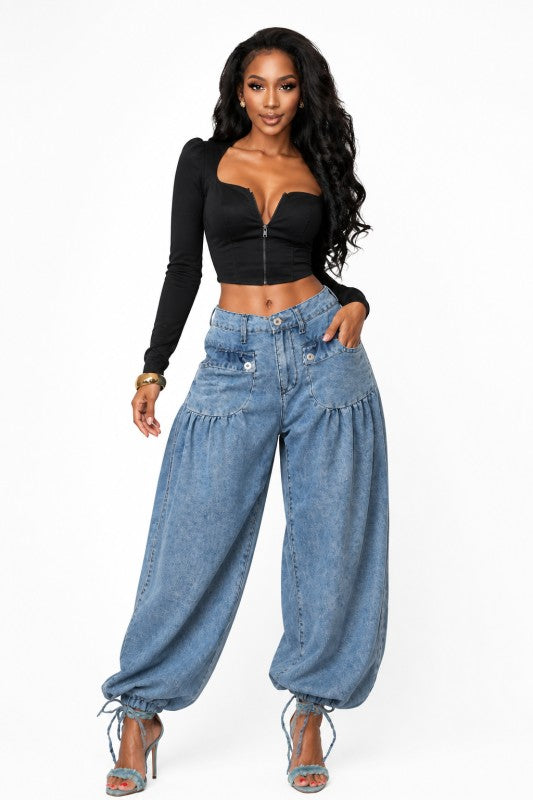 Washed up Drawstring Ankle Jeans