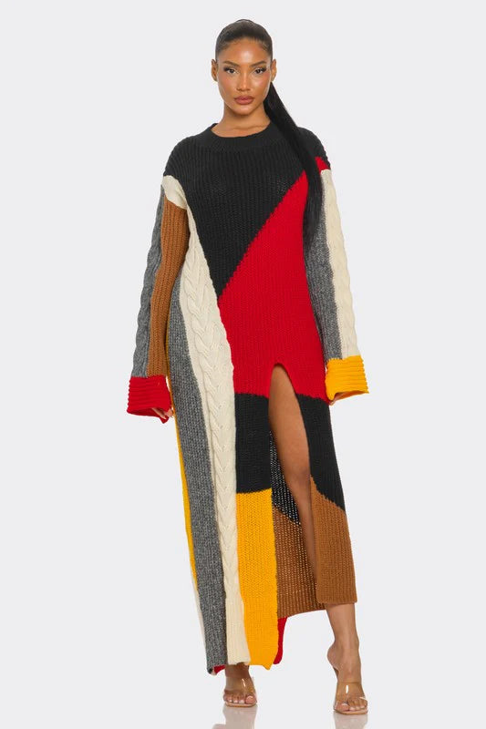 TRI-COLOR MAXI SWEATER DRESS