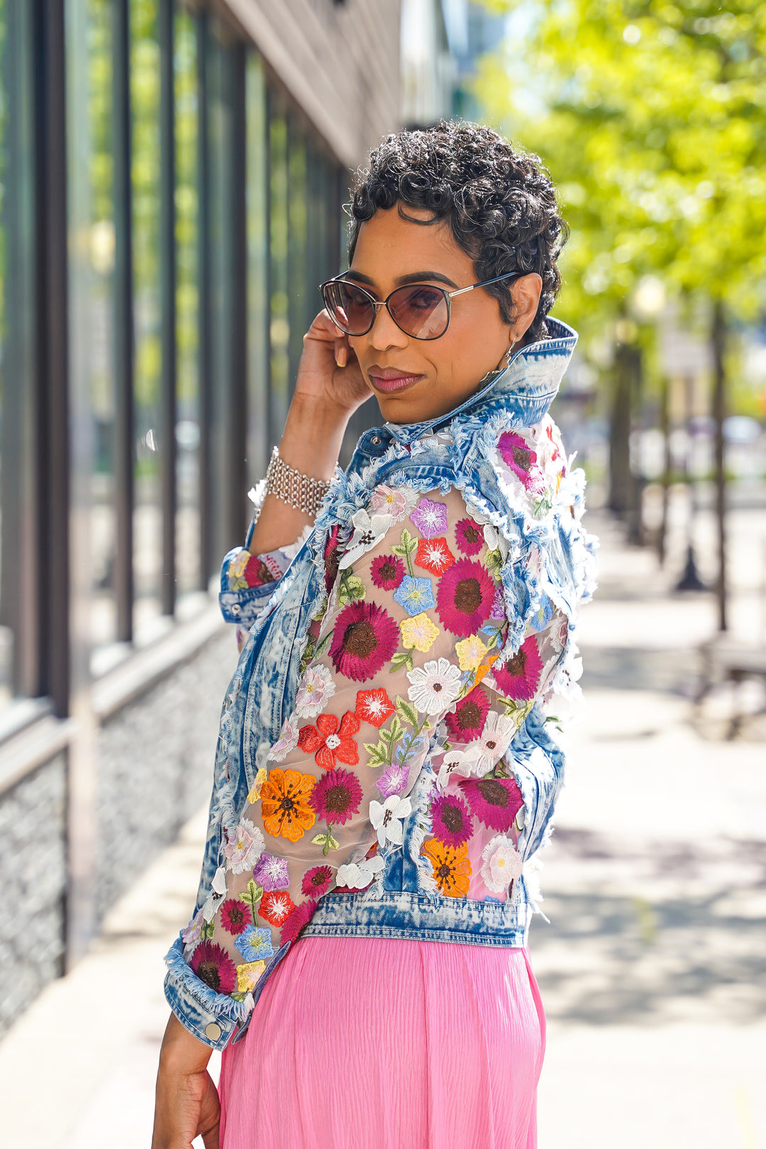 Denim Sheer Flower Petals Jacket