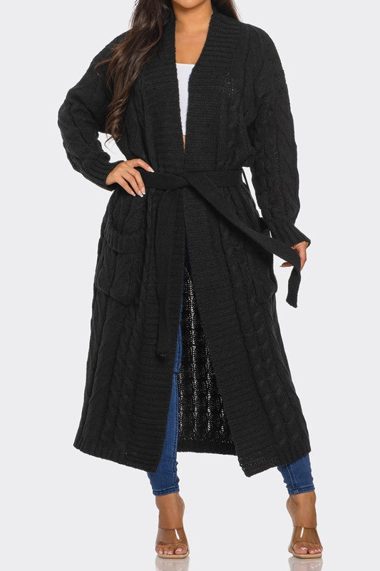 Cable Knit Cardigan w/Belt Sweater (Black)