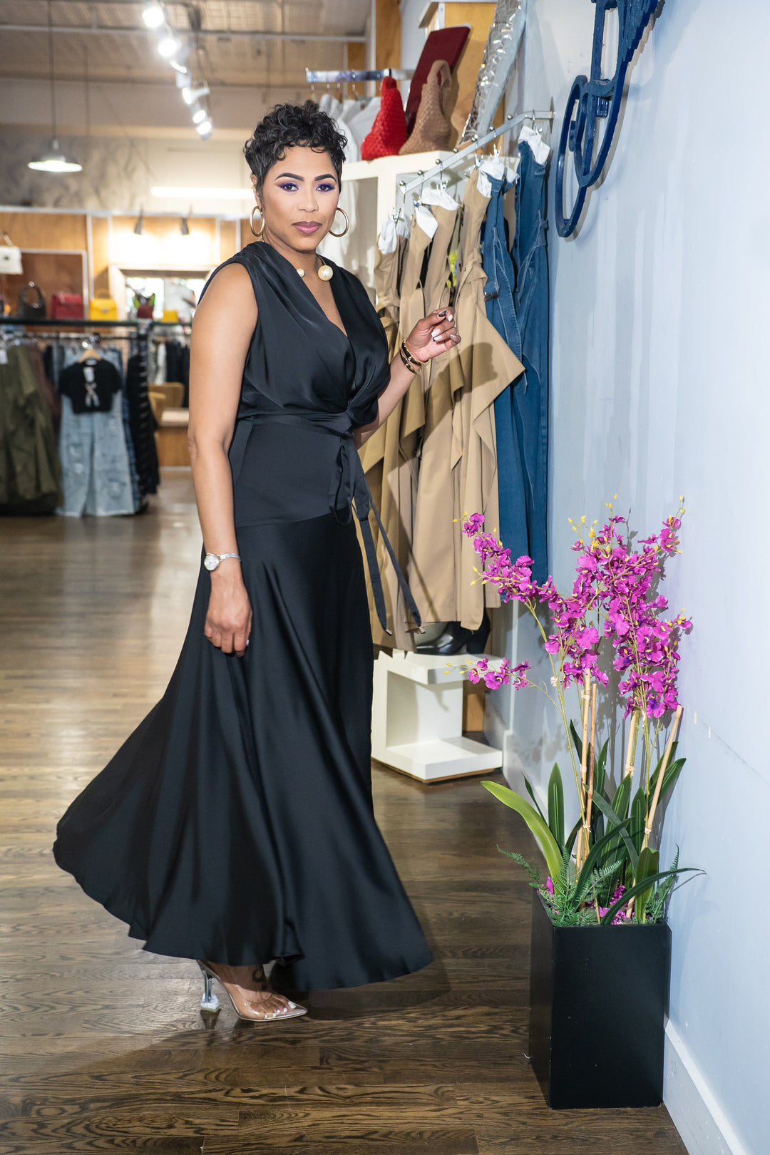 Satin Soft Pleated Split Dress- (Black)