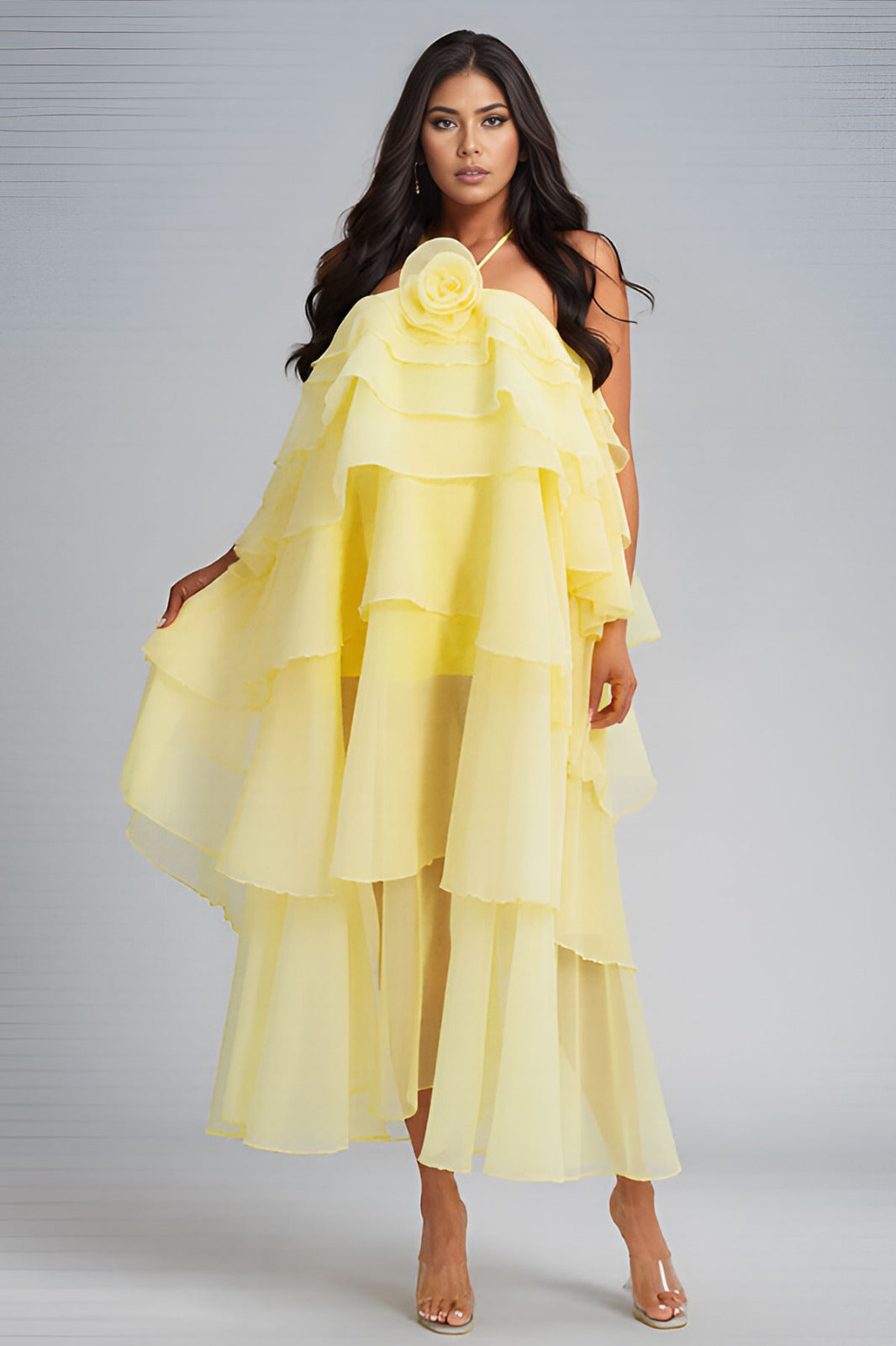 Soft Romance Layered Chiffon Dress (Yellow)