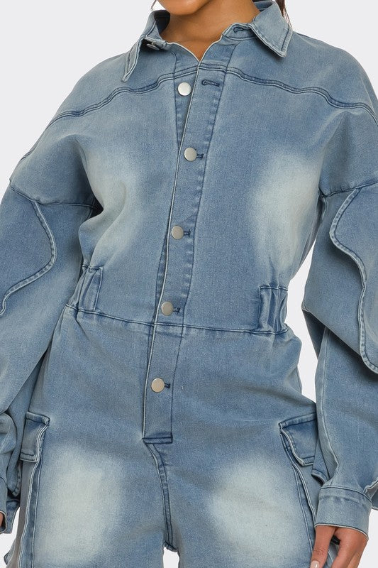 BUTTON IT UP WAVE DENIM ROMPER