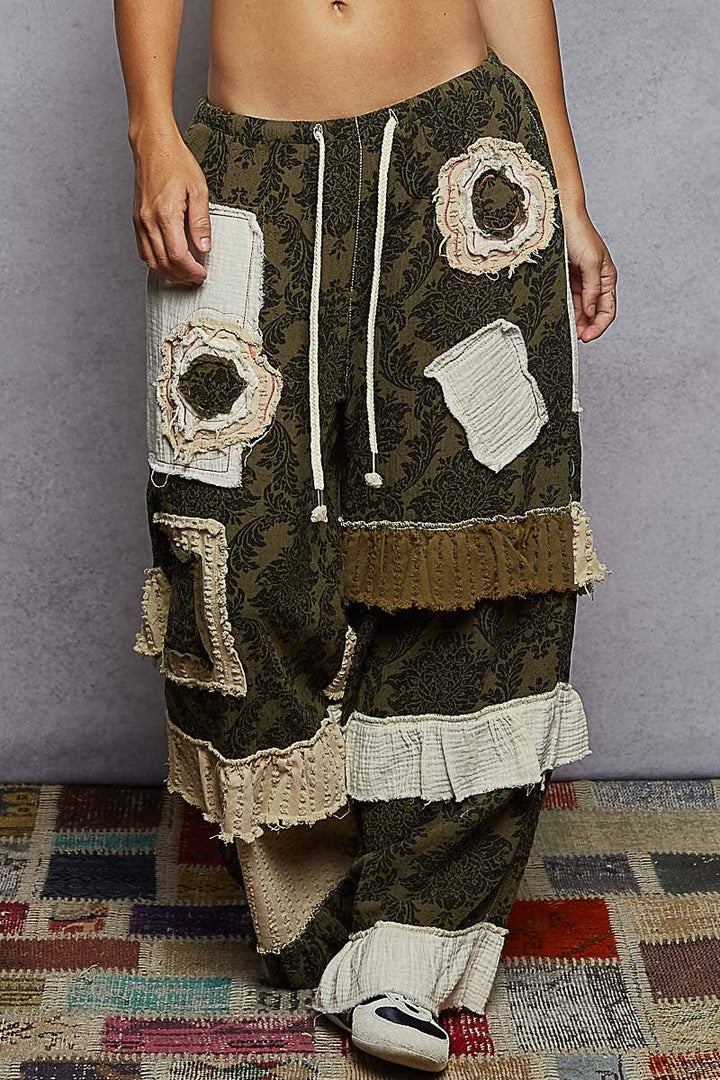 Textured Twill Contrast Ruffle Wide Leg