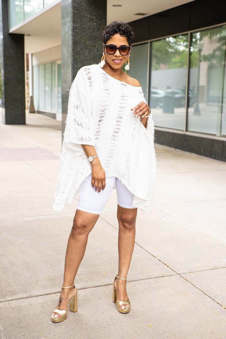 All Ripped Up Asymmetrical Oversized Top ( White)