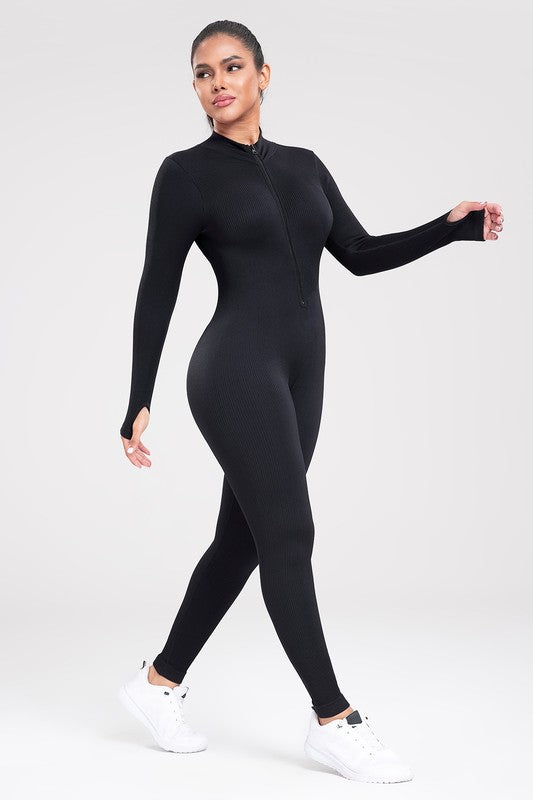 Seamless Zipper Front Ribbed Jumpsuit