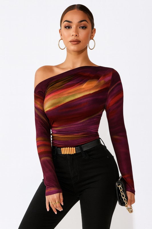 Off Shoulder Abstract Gather Top (Burgundy)