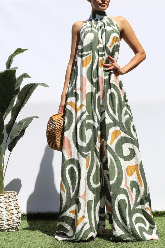 Seaside Swirl Statement Palazzo Jumpsuit (Olive Multi)
