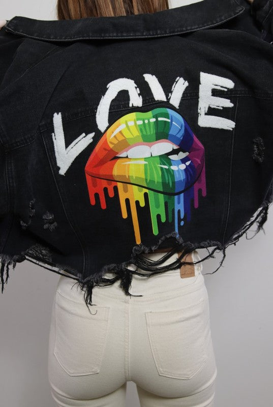 Rainbow Love Lips Crop Distressed Jacket (Black)