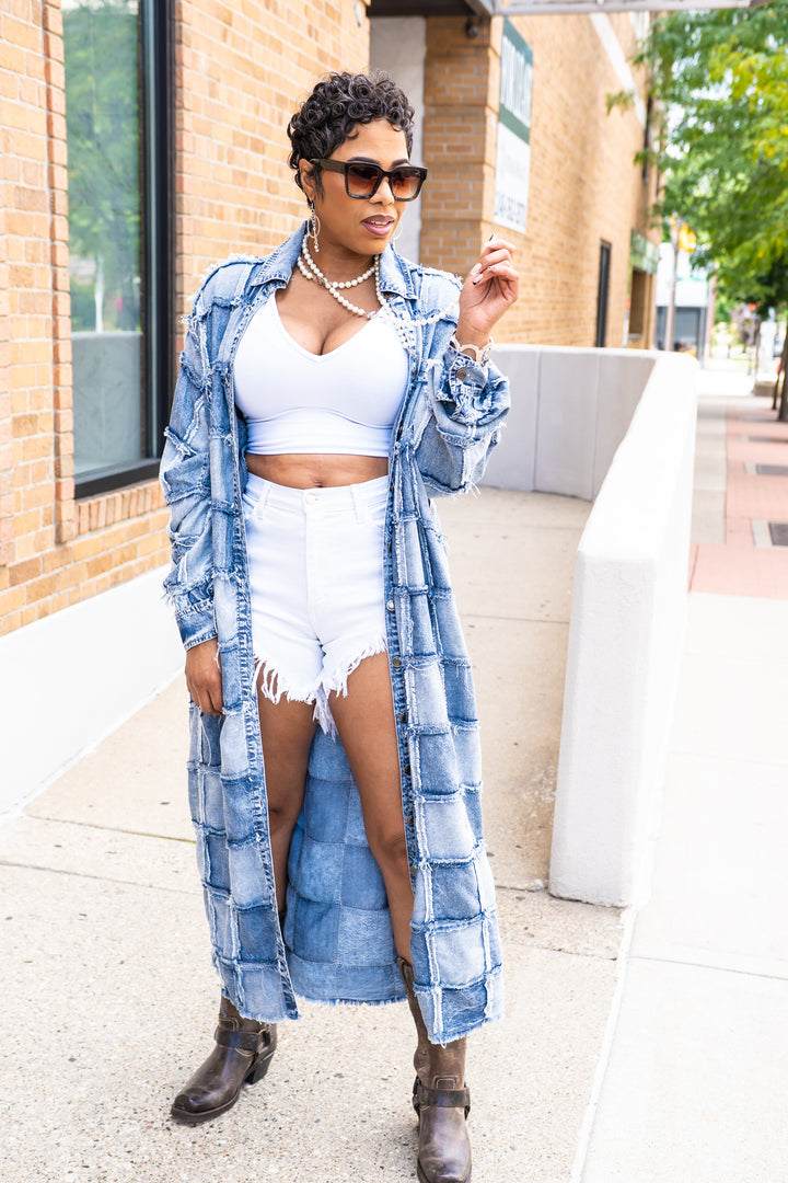 Square Patched Together Button Up Denim Cardigan