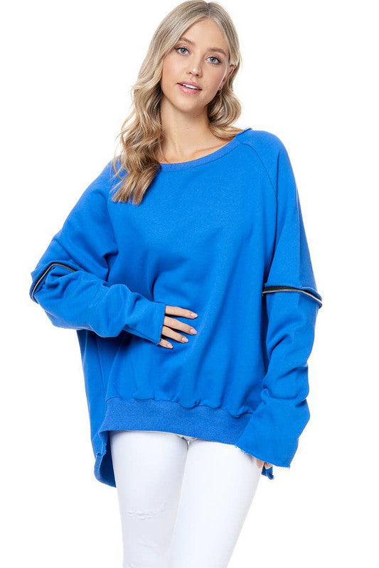 Back it Out Cut- Up Zipper Sweater (Blue)