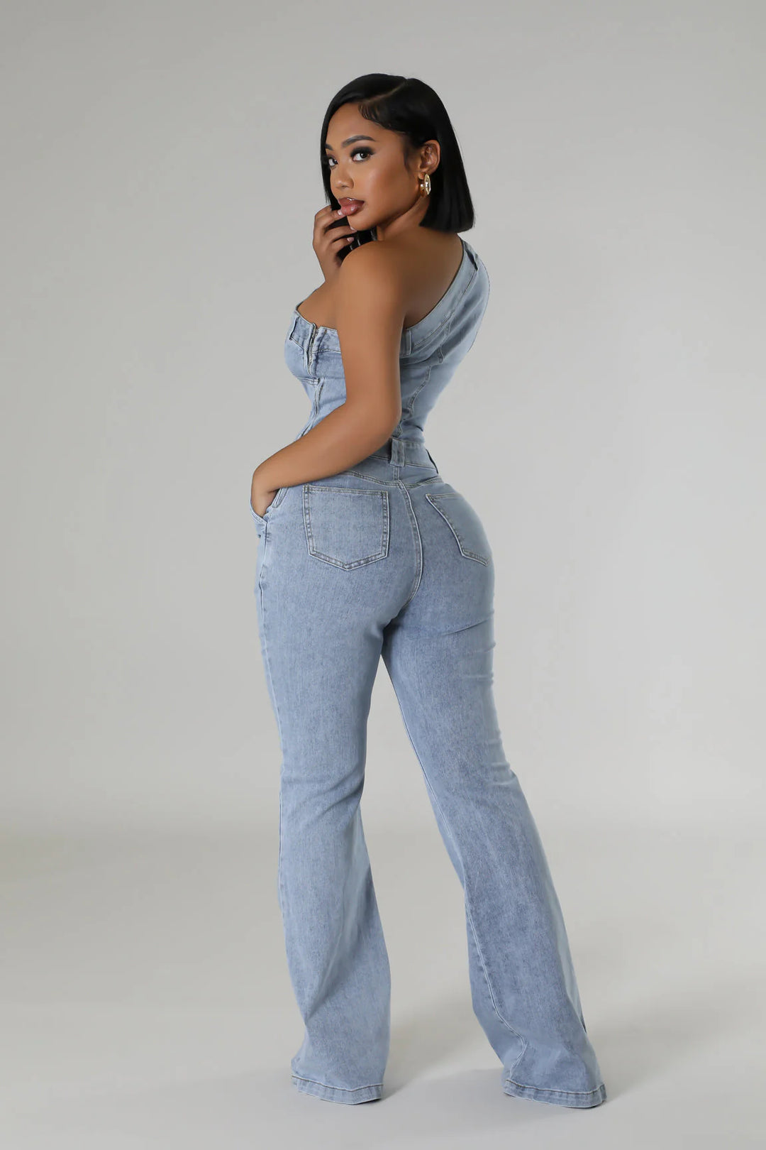 Slanted to the Side Denim Flare leg Jumpsuit