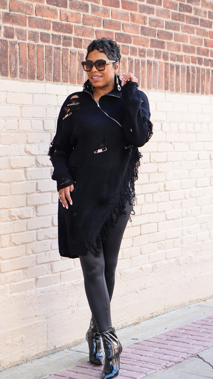 Rips & Pins Distressed Asymmetrical Sweater (Black)