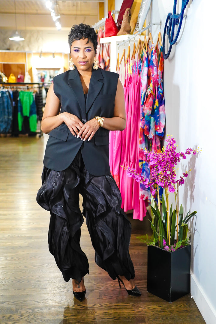 High Waisted Ruffle Organza Drawstring Joggers (Black)