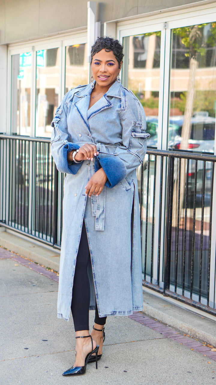 LONG TIME BIG CUFF DENIM TRENCH COAT