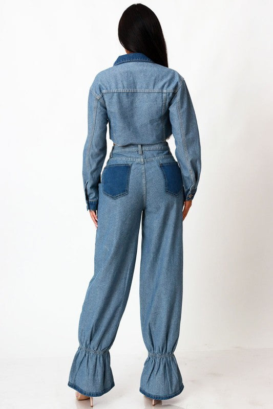 Lizzy Patchwork Denim Crop Pants Set