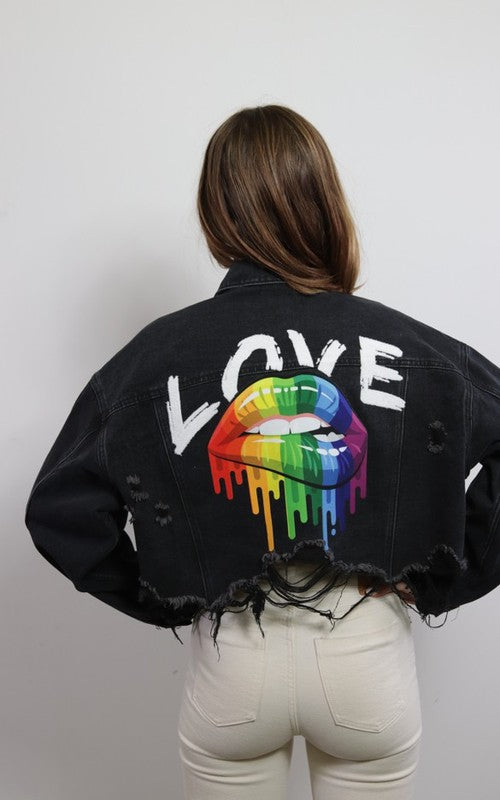 Rainbow Love Lips Crop Distressed Jacket