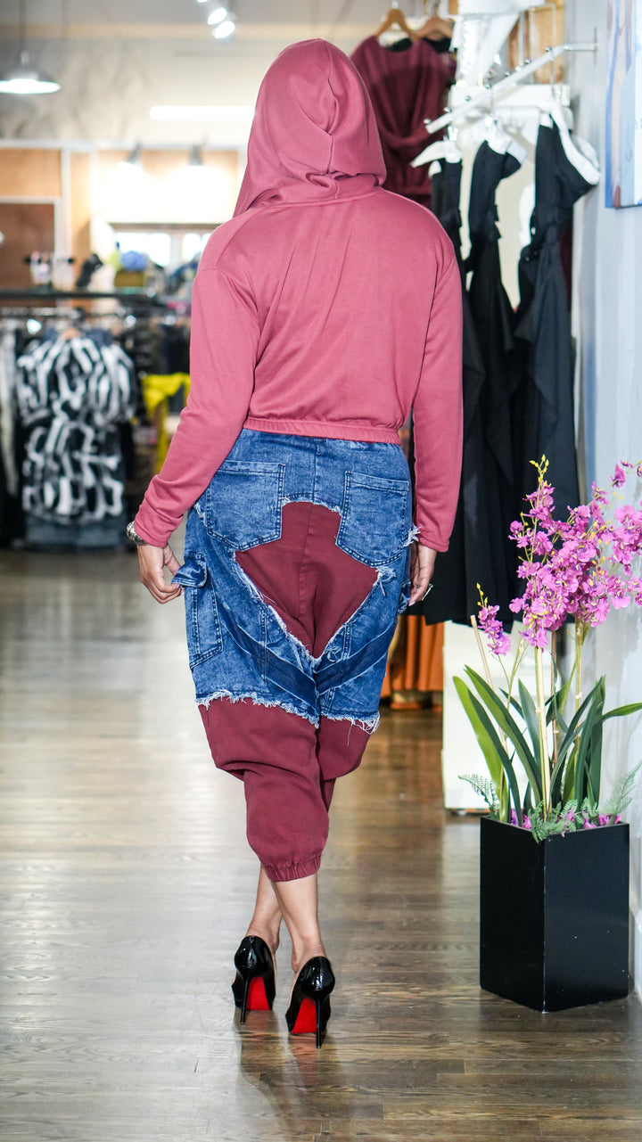 No Pressure Denim Harem Joggers (Burgundy)