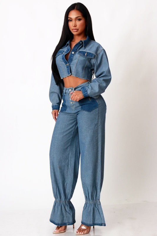 Lizzy Patchwork Denim Crop Pants Set