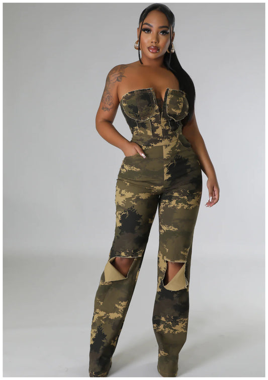 Ride it Out Camo Jean Ripped Jumpsuit