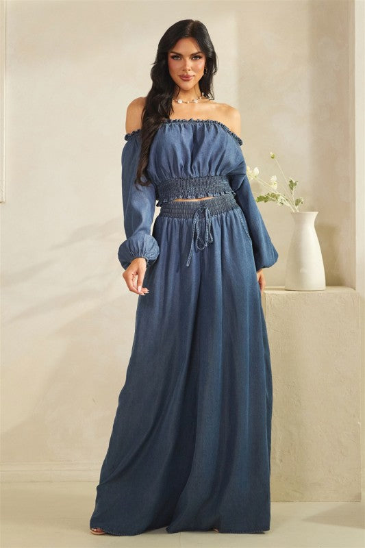 Denim Love Wide Leg Off shoulder Pants Set