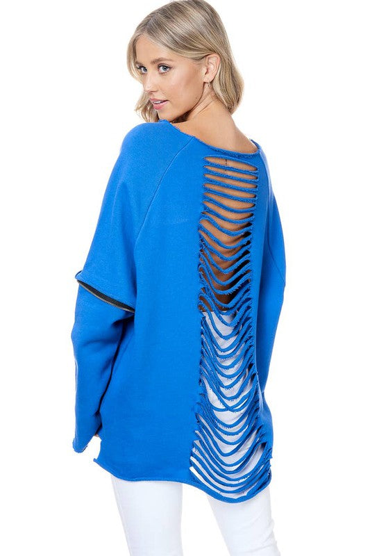 Back it Out Cut- Up Zipper Sweater (Blue)