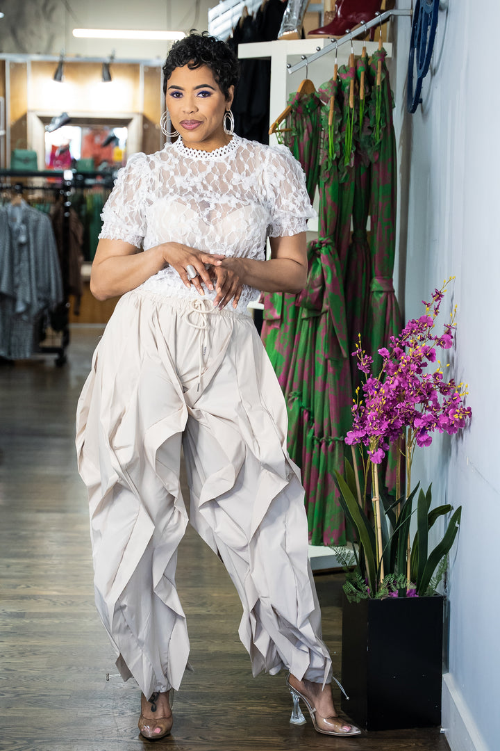 Wide Leg dramatic Drawstring joggers (Beige)