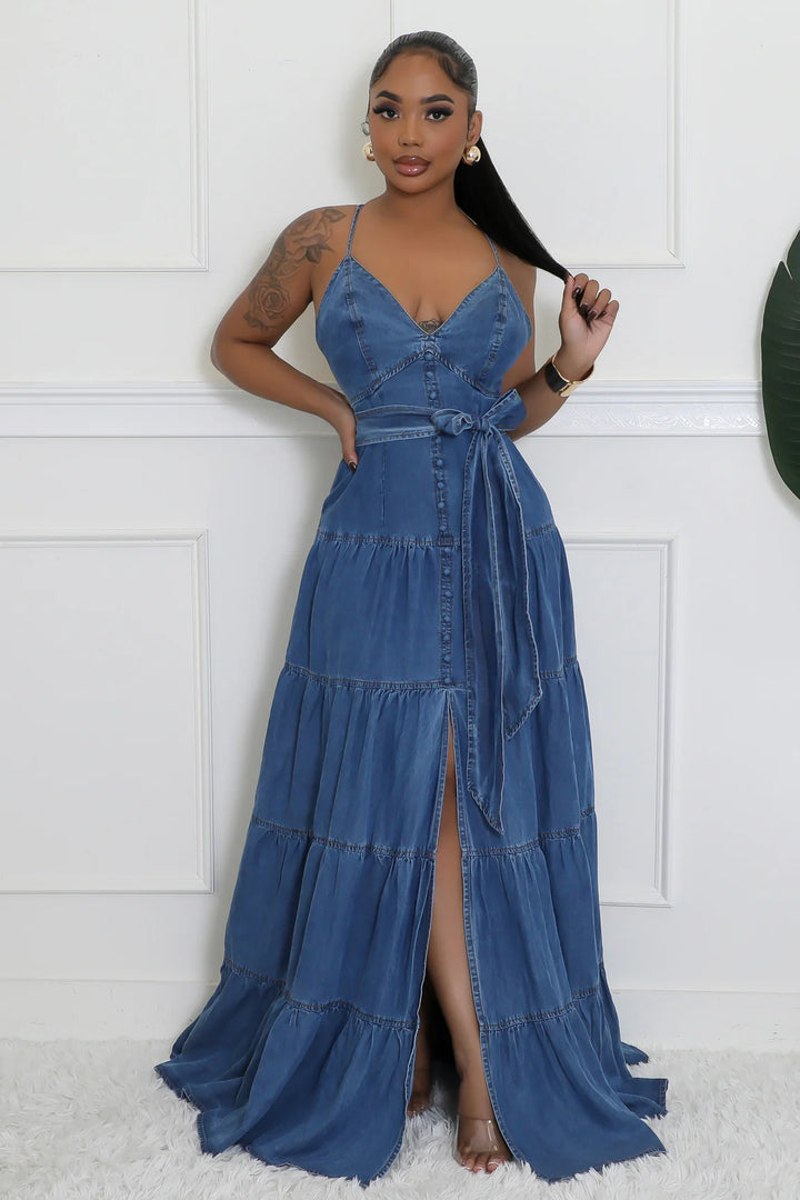 Rosetta Strappy Denim Maxi Dress