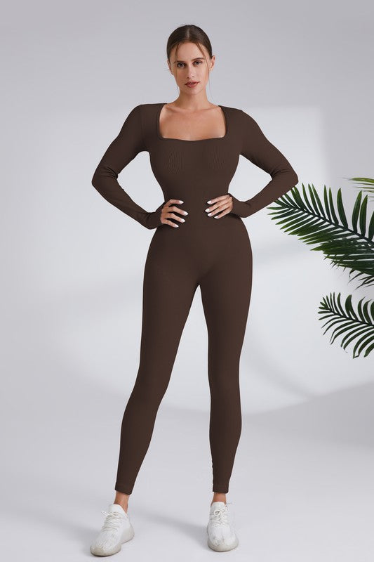 Square Neck Ribbed Long Sleeve Jumpsuit (More Colors)