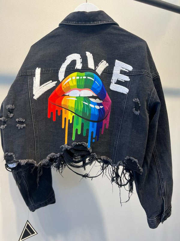 Rainbow Love Lips Crop Distressed Jacket (Black)