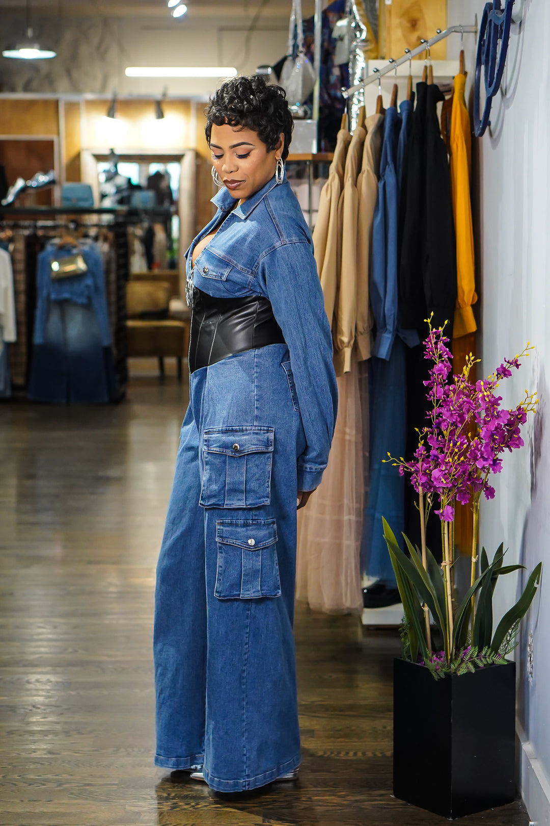 Bring it In Faux Leather Denim Cargo Jumpsuit