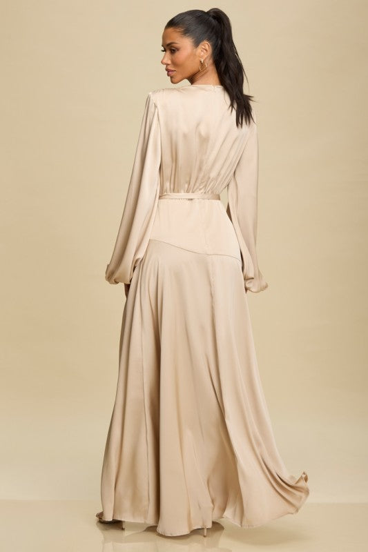 Satin Flow Balloon Sleeve Maxi Dress (Black)