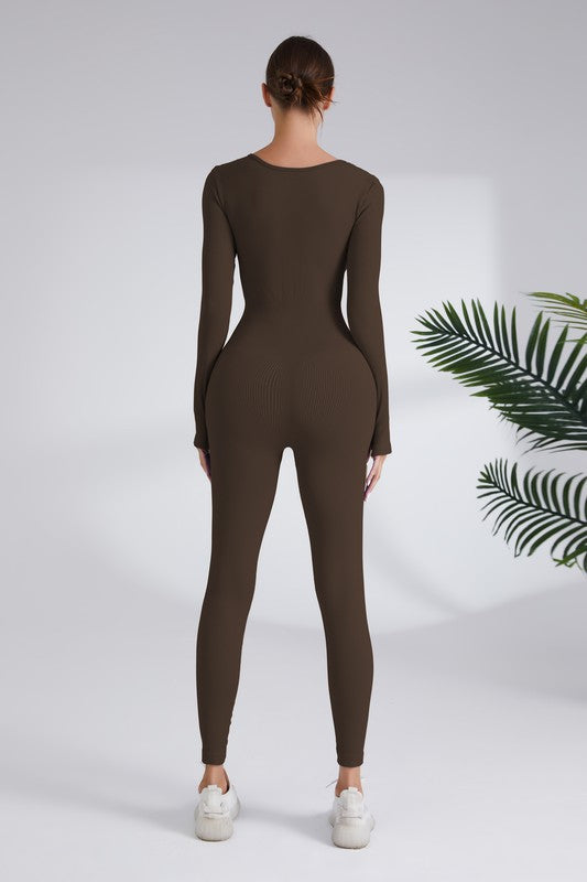 Square Neck Ribbed Long Sleeve Jumpsuit (More Colors)