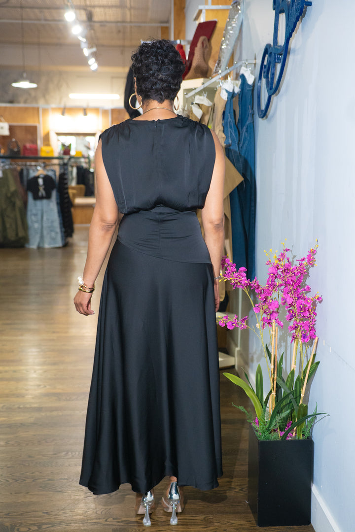Satin Soft Pleated Split Dress- (Black)