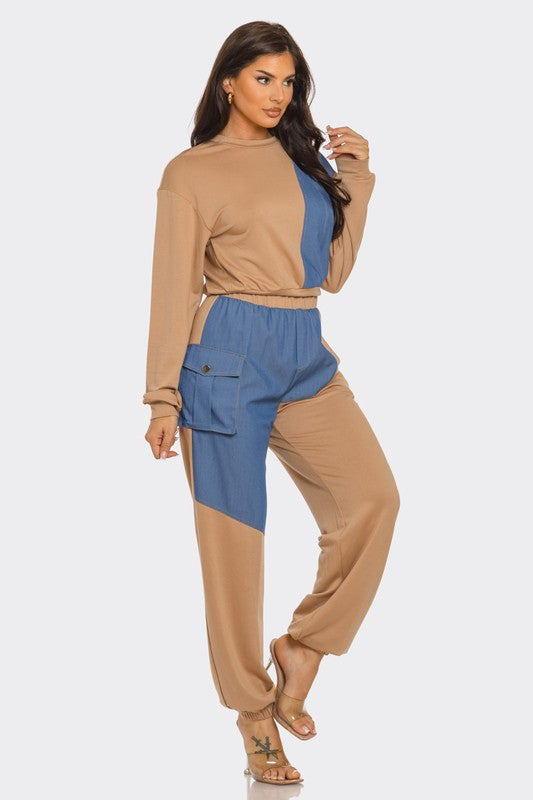 ColorBlock Denim Detail Pants Set- Mocha/Denim