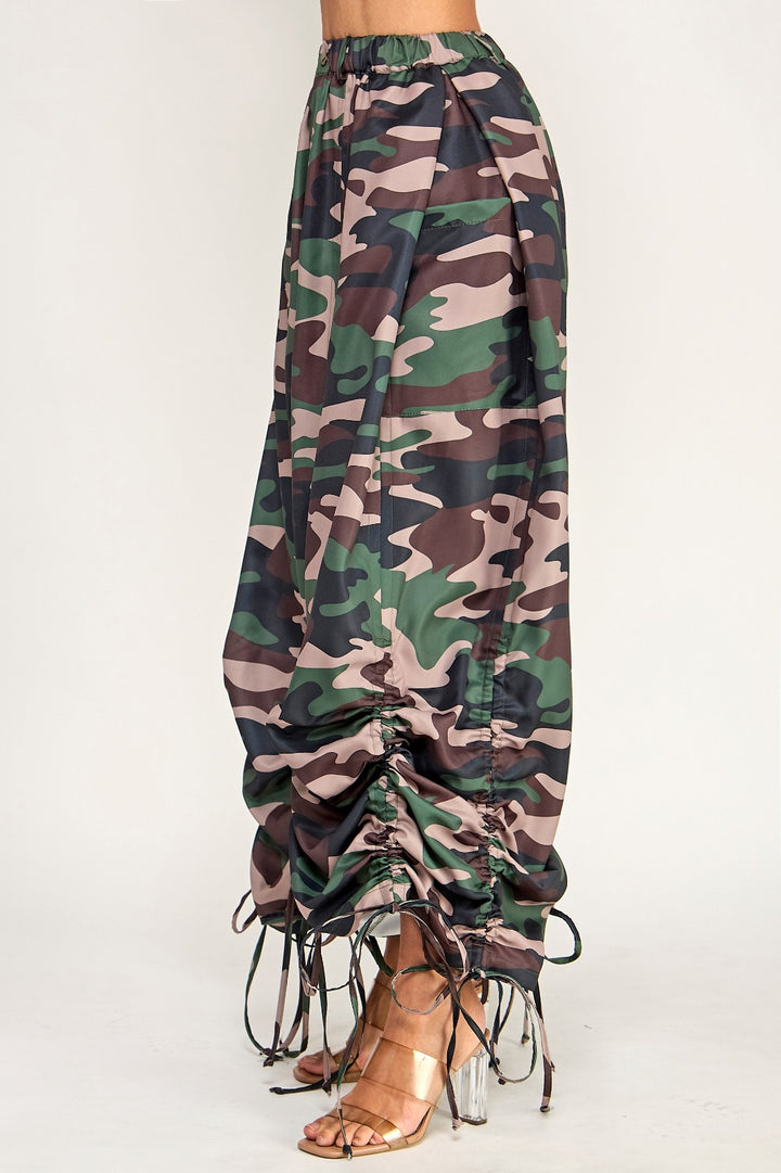 Gather Around Ruched Camo Drawstring Pants