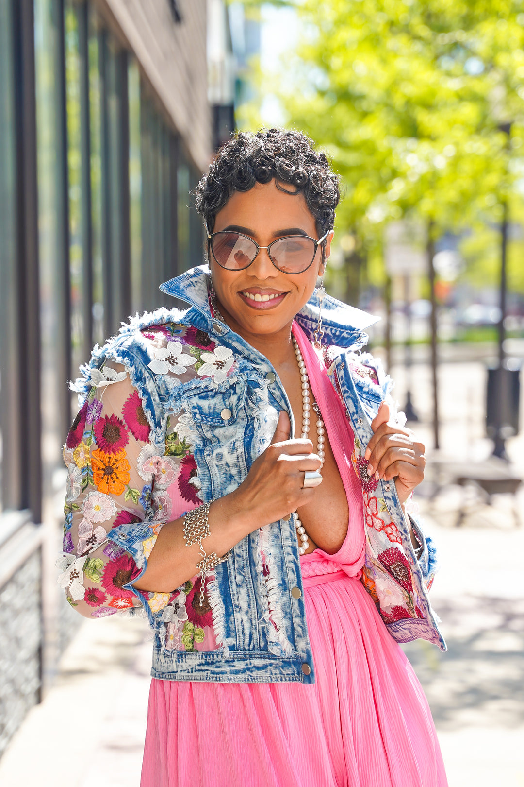Denim Sheer Flower Petals Jacket