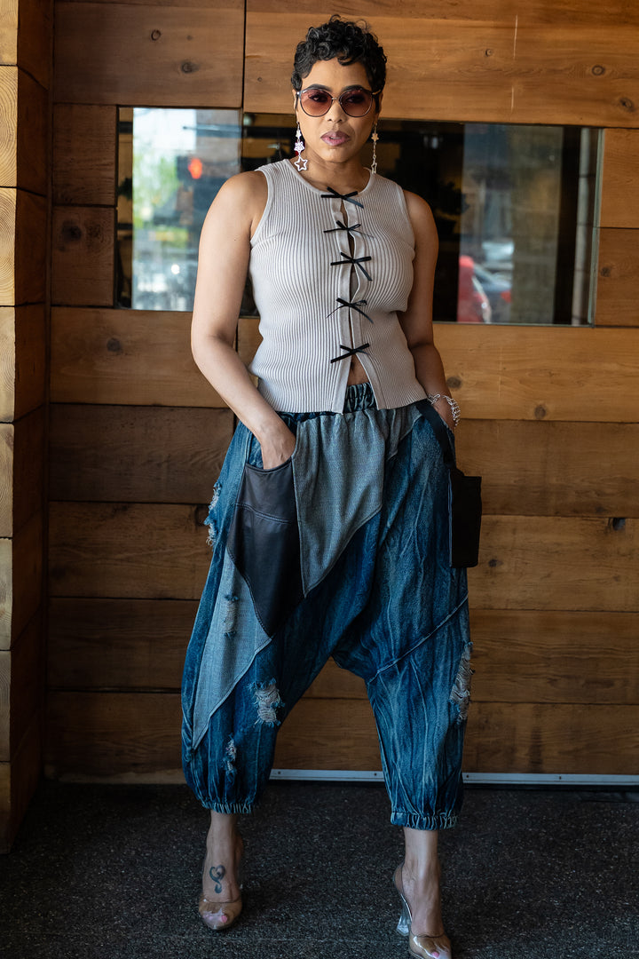 Patchwork & Leather Harem Jeans